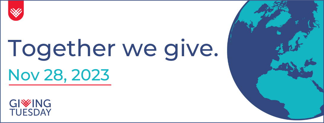 Together we give. November 28, 2023. Giving Tuesday. Image of a globe on the right.